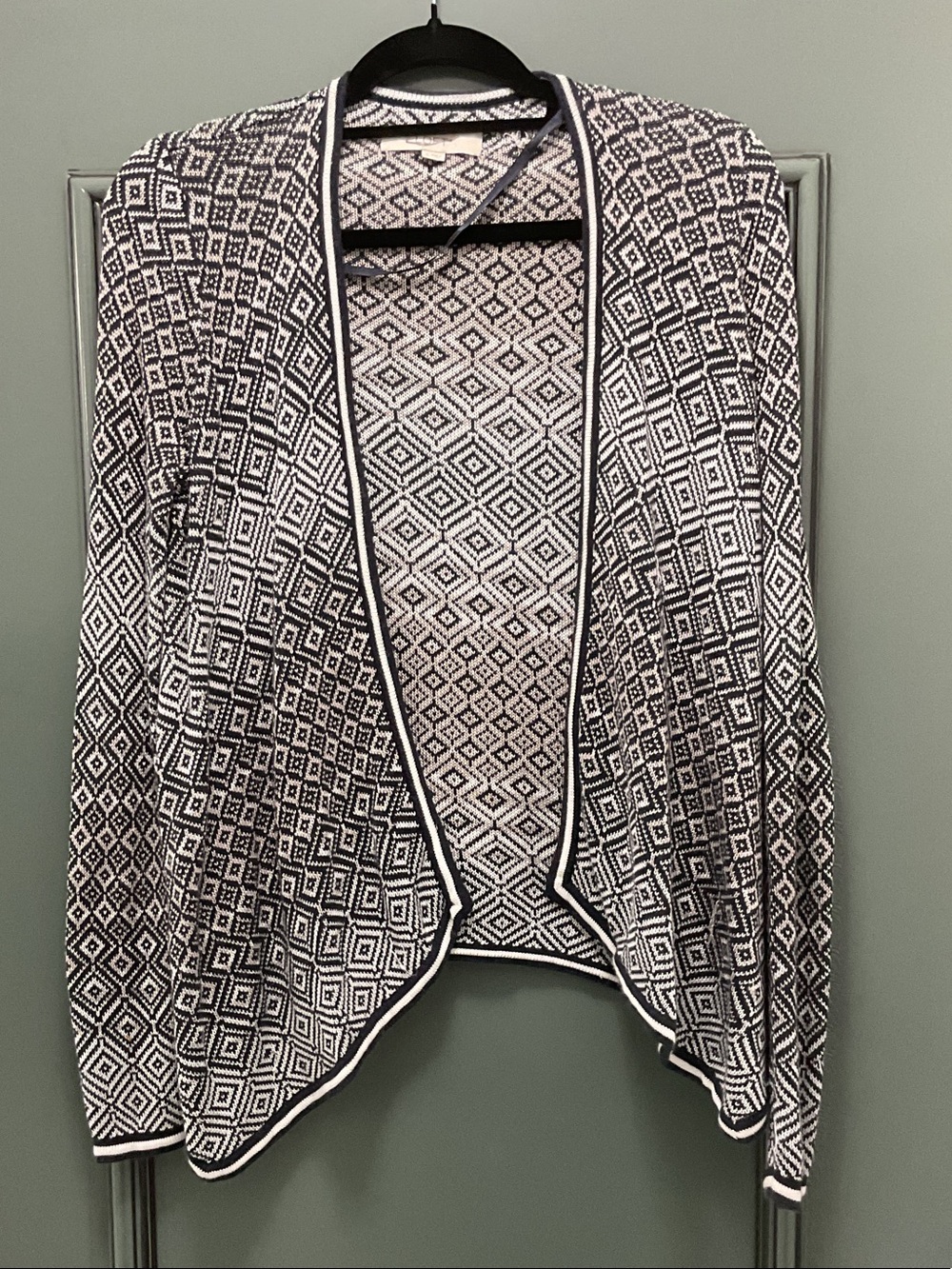 LOFT Black and White Geometric Open-Front Cardigan